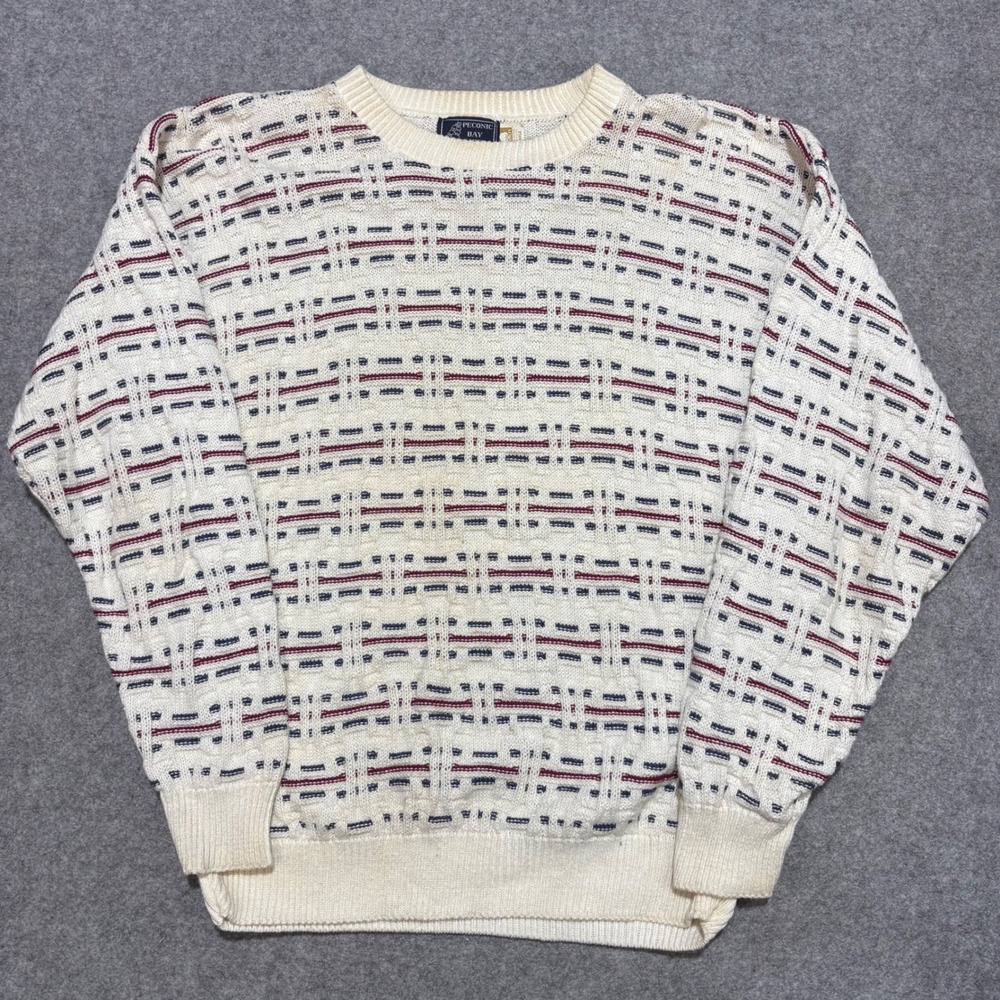 Peconic Bay Traders Vintage Mens Large Cotton Knit Sweater Cream Geometric USA